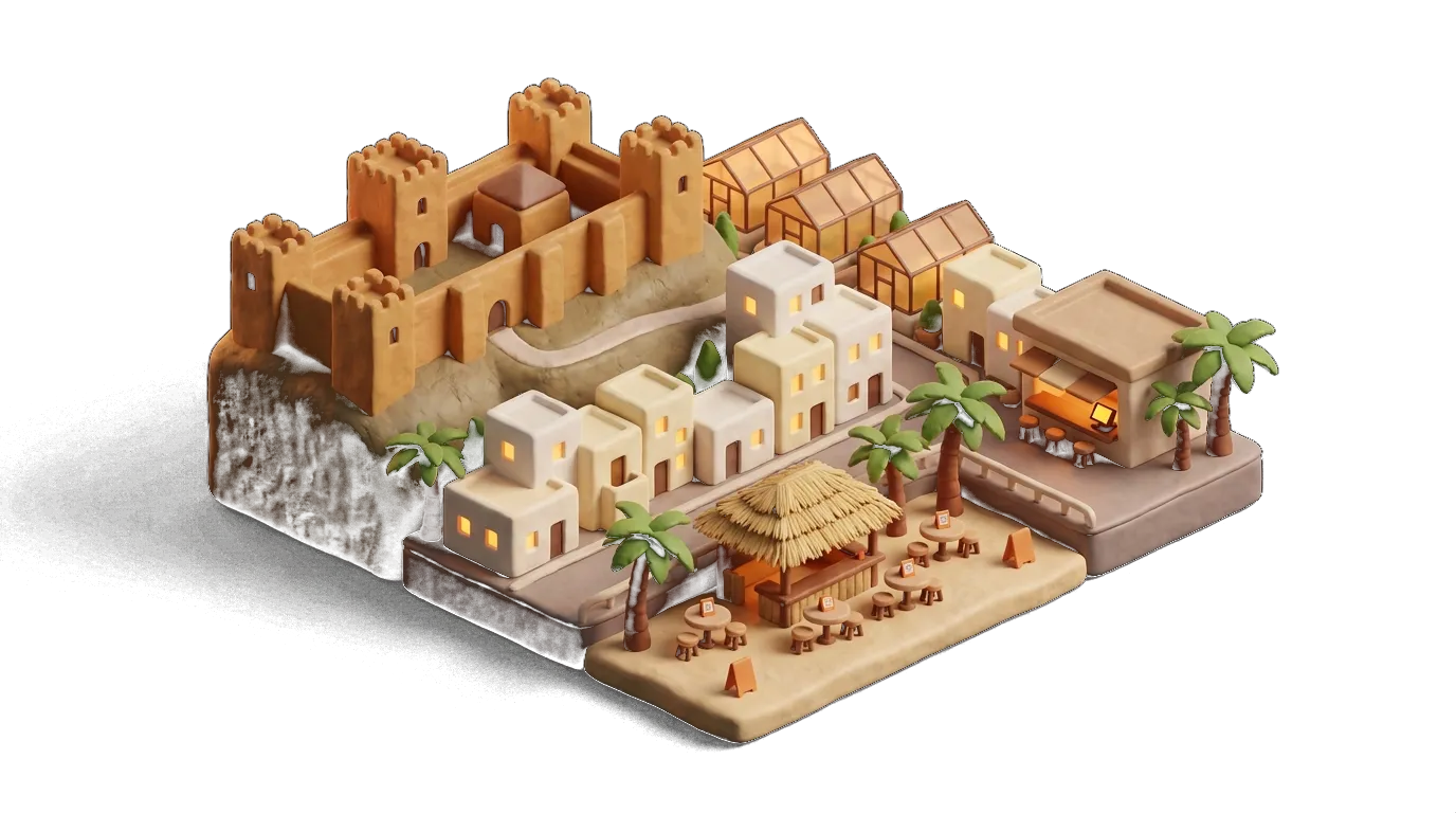 Diorama 3D de Almería: Alcazaba, playa con chiringuito y bar de tapas con TPV