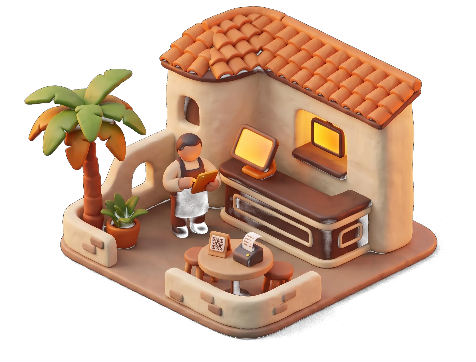 Ilustración 3D de un bar de Almería con TPV, comandero en tablet y carta QR en la mesa