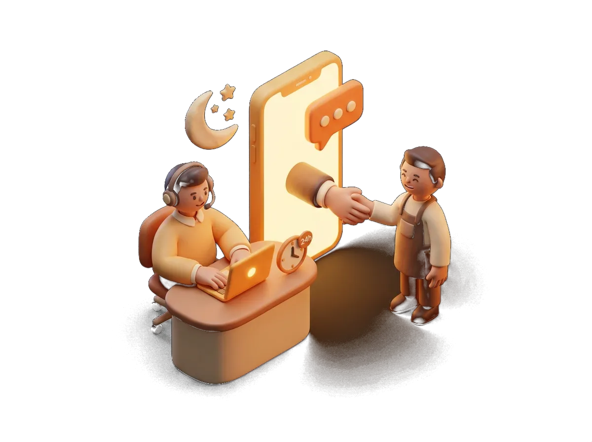 Ilustración 3D: técnico de soporte con auriculares atendiendo por WhatsApp de noche